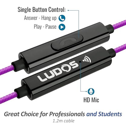LUDOS Clamor Wired Earbuds in-Ear Headphones, 5 Years Warranty, Earphones with Microphone, Noise Isolating Ear Buds, Memory Foam for iPhone, Samsung, School Students, Kids, Women, Small Ears - Purple - color: Purple, style: 3.5 mm