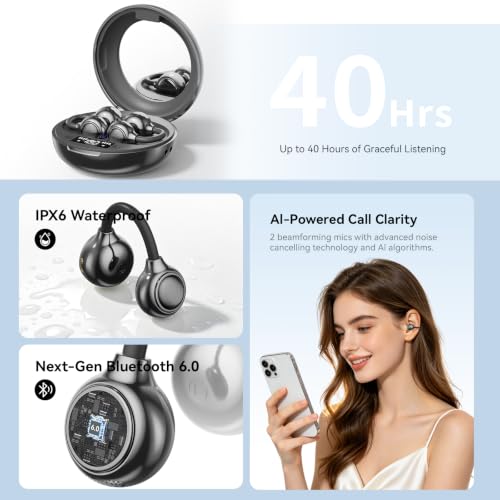 Open Ear Clip On Earbuds Wireless Headphones with Mirror(Black) - color: Black