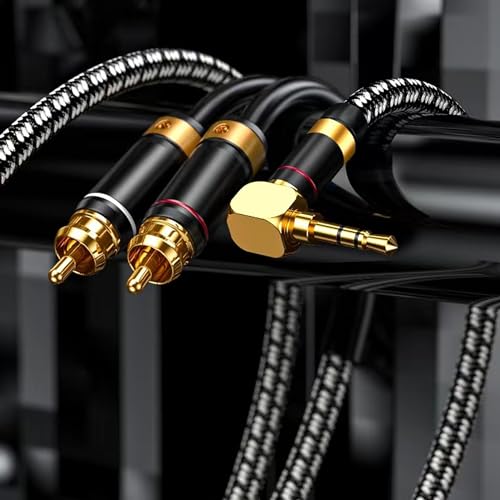 Audiophile 3.5mm to 2 RCA Audio Cable 5M/16.4Feet, Silvered-Plated Copper core,Gold-Plated Right Angle 3.5mm RCA Male Stereo Audio Adapter Braided Cable for Smartphones Tablets Speakers HDTV - size: 16.4 Feet (5M), style: Right angle 3.5mm to 2 RCA