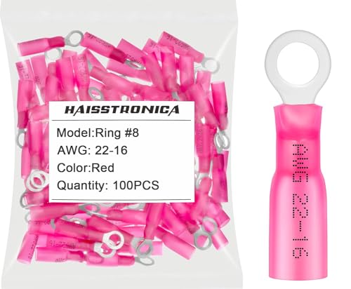 haisstronica 100PCS Heat Shrink Ring Terminals, 22-16 AWG, #8, Red | Battery and Ground Stud Connections, 0.7 mm Copper Barrel, 3:1 Adhesive-Lined Seal, Automotive Wiring Repairs, Ring Connector - color: Red, size: Ring #8