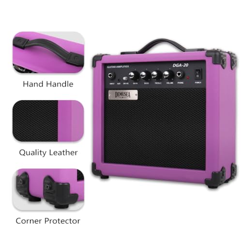 Purple Electric Guitar Amplifier Portable Practice Guitar Amp Drive Gain Bass Treble Full Accessories with Noiseless Cable Picks Adapater Earphones Aux Cable in (Purple, 20W) - color: Purple