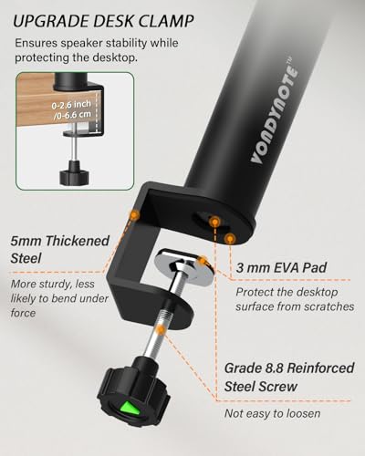Vondynote Dual Side Clamp Desktop Studio Monitor Stands Against The Wall | Set of 2, 9"-14" Height Adjustable, Extendable Top Plate Mounted by Screws, Desktop Clamp