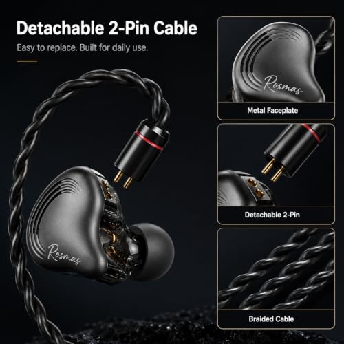 Rosmas Wired Earbuds with Mic,3.5mm Gaming Earbuds, SM10 Pro IEM Earphones 5-Driver Hybrid in-Ear Monitors, 4BA+1DD Detailed Sound, Detachable 2-Pin Cable for Music Calls, Black - color: Black&3.5mm