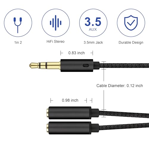 2 Pcs 3.5mm Headphone Splitter, Hi-Fi Stereo Audio Y Splitter 1 Male to 2 Female, Nylon Braided Headphone Extension Cable Compatible with Phone, Tablet, Laptop, PS4, Switch