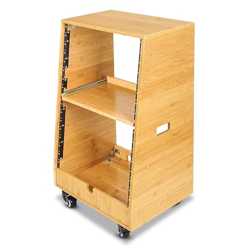 Sound Town DIY Slanted 16U Studio Rack (8U Top + 8U Lower) with Slide-Out Tray, 2U Bottom Storage & Casters, Solid Carbonized Bamboo Audio Equipment Rack for Recording Room & Home Studio (STBR-ST16T) - size: 16U(8U Top + 8U Lower),Carbonized Bamboo