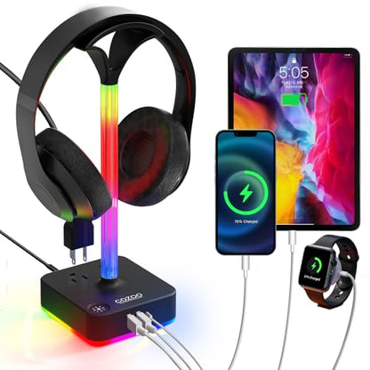 RGB Headphone Stand with Charger 3 USB Ports and 2 AC Outlets,2 USB-A 1 Type C,Desk Gaming Headset Holder with 9 Light Modes,PC Gaming Desk Accessories,Gamer Gifts,RGB Gaming Stuff Headset Stand | 9 Light Modes:7 Static & 3 RGB Dynamic Lights; 2 AC,2 USB-