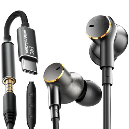 Premium Wired Ear bud with Speech Noise Reduction-Rich Deep Bass Earphones | Dual-Driver In-Ear Calls Noise Cancellation Earbuds USB C & 3.5mm Plug,Noise-Isolating Hi-Fi Headphone Wired Volume Control