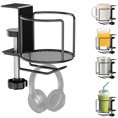 2-in-1 Desk Cup Holder with Headphone Hanger,Anti-Spill Table Water Bottle Holder,Clamp On Table Metal Drinking Holder,Compatible with Universal Cups/Bottles/Mugs/Cans/Tumblers/Thermoses/Glass,1Pack