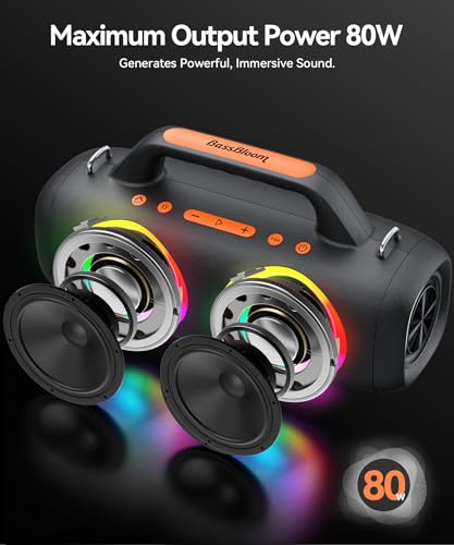 BassBloom Roar 1 Portable Bluetooth Speaker, 60W Powerful Sound JIKE Bass | IPX6 Waterproof, 24H Playtime, Bluetooth 5.4, TWS Pairing, RGB Party Lights, for Travel Outdoor Camping and Beach
