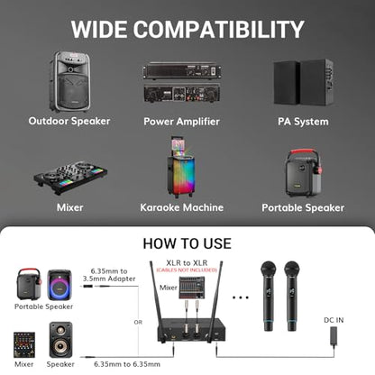 TONOR Rechargeable Wireless Microphone System, Dual Metal Handheld Cordless Mic with Box Receiver, 2x100 UHF Professional Dynamic Mic for Karaoke, Church, Singing, Wedding, DJ, 100 m/328ft, TW750 - style: Box Receiver