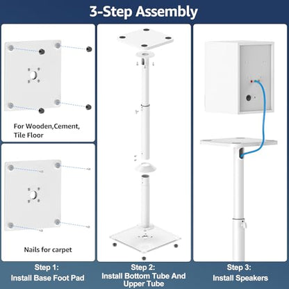 MOUNTUP Universal Speaker Stands Pair, 28.3" to 37.4" Height Adjustable Floor Speaker Stands, Holds Bookshelf & Large Satellite Studio Speakers, Cable Concealing, 22LBS Capacity, 9.8" Plate, White