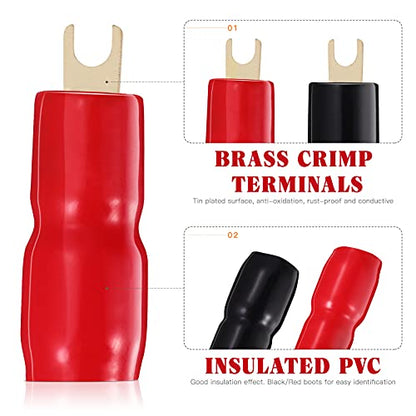 2 Pairs Copper Gold Plated 0 Gauge Spade Terminal Crimp Connectors Adapters Crimp Barrier Spades for Speaker Wire Cable Terminal Plug - 0GA (Red and Black)