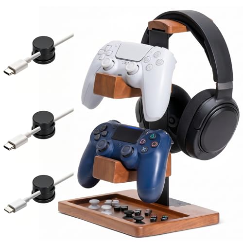 Headset Stand with Dual Controller Holder, Solid Wood | Headphone Stand with Storage Base, Gaming Equipment Accessories for Desk, Controller Holder for Gamers