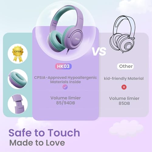 Acer 2‑Pack Kids Headphones for School, 3.5mm Jack, w/Mic HK03‑2P | 85-94dB Limiter, Foldable Wired Over Ear Headphones, for Toddler School/Tablet/iPad/PC/Travel - color: Purple Green & Blue Green