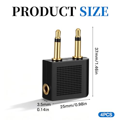 4 Pcs Airplanes Flight Headphone Adapters Airplane Headphone Adapter Dual 3.5mm Male to 3.5mm Female Gold Plated Airplane Audio Adapter for Airline Entertainment Systems