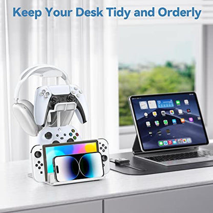KDD Headphone Stand, Controller & Headset Holder & 4 in 1 Desk Cup Holder - Clamp on Under Desk Headphone Hanger