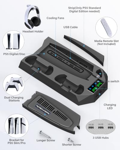PS5/PS5 Slim/PS5 Pro Stand and Cooling Station with Dual Controller Charging Station for PlayStation 5 Console, PS5 Accessories Incl. Controller Charger, Cooling Fan, Headset Holder, 3 USB Hub, Black - color: Black