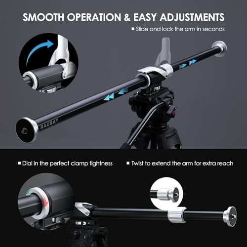 RAUBAY Tripod Extension Arm, Horizontal Boom Arm, 26-40", TE01 | Aluminum overhead tripod arm for top-down photography, with 1/4" and 3/8" mounts for cameras, lights and microphones