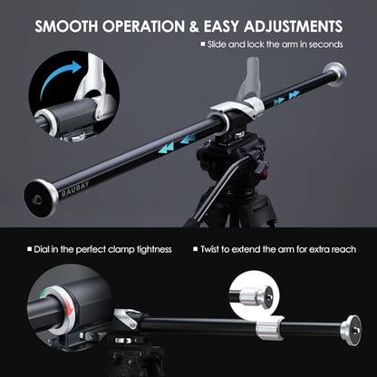 RAUBAY Tripod Extension Arm, Horizontal Boom Arm, 26-40", TE01 | Aluminum overhead tripod arm for top-down photography, with 1/4" and 3/8" mounts for cameras, lights and microphones