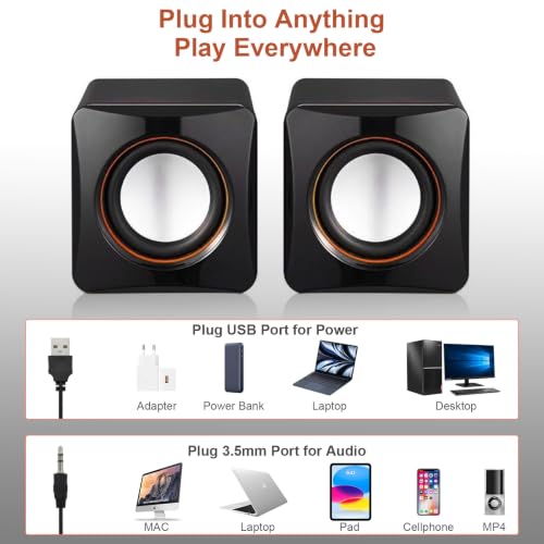 G GENLEAS 1 Pair USB 2.0 Wired Computer Speakers, Mini Desktop Laptop Speakers with Adjustable Volume, 3.5mm AUX Plug Portable Multimedia Stereo Sound Speaker for PC Laptop Tablet Desktop