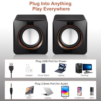 G GENLEAS 1 Pair USB 2.0 Wired Computer Speakers, Mini Desktop Laptop Speakers with Adjustable Volume, 3.5mm AUX Plug Portable Multimedia Stereo Sound Speaker for PC Laptop Tablet Desktop