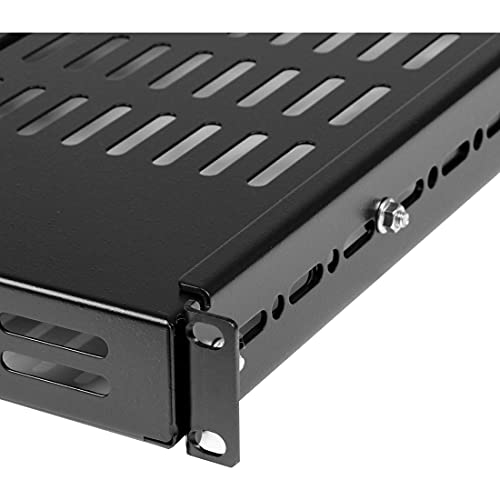 StarTech 1U Adjustable Vented Rack Shelf, 19in, 175lb, TAA (ADJSHELF) | 19.5-38in adjustable mounting depth, 27.5in deep universal tray, SPCC steel, Maximizes airflow - size: 19.5-38in