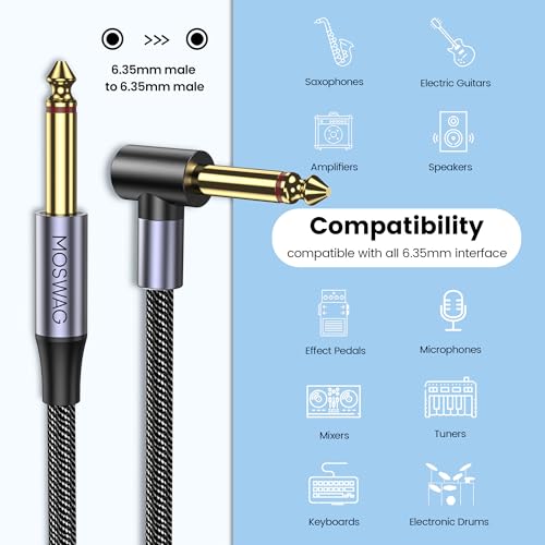 MOSWAG Guitar Cable, 1/4 Inch Right Angle Instrument Bass AMP Cord 10ft | TS Port Guitar Cable, 24k Gold Plated Connectors, Nylon-Braided, Black, For Electric Bass, Guitar, Amplifier Mandolin - size: 10 ft