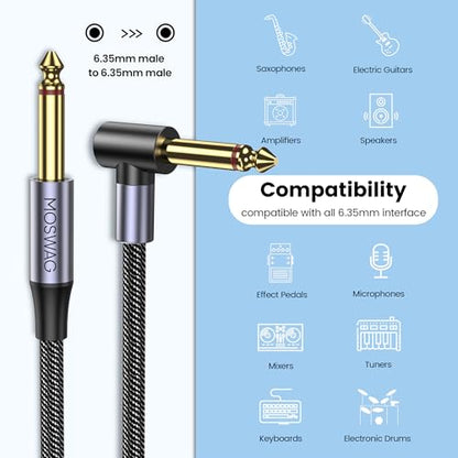 MOSWAG 1/4 Electric Instrument Cable 33FT, Guitar Cord, Right Angle 1/4 Instrument Cable, 6.35mm Right Angled Mono Jack TS Cable Compatible with Bass, Guitar, Amplifier - size: 32 ft