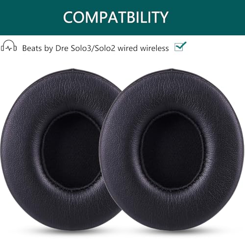 Replacement Ear Pad Cover Compatible with Beats by Dre Solo3 Solo2 Wired Wireless Headphones Protein Leather Memory Foam Headphone Cushion Ear Muffs-Black - color: black