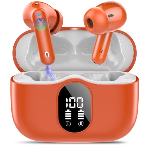 Wireless Earbuds, Bluetooth 5.4 Headphones Bass Stereo, Ear Buds with Noise Cancelling Mic, IP7 Waterproof in Ear Earphones, 36H LED Display Bluetooth Earbuds for Laptop Pad Phones, Deep Orange | Ear Buds with Noise Cancelling Mic LED Display, 36H, IP7 Wa