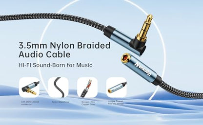 3.5mm Headphone Extension Cable 25FT,Right Angle 3.5mm Male to Female Stereo Audio Extension Cable/90 Degree Right Angle Aux Cable for Smartphones, Tablets, Media Players - size: 25 ft