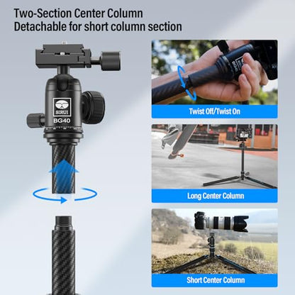 SIRUI 60" Carbon Fiber Tripod for Camera with 360° Panoramic Ball Head, Arca QR Plate, Compact Lightweight 2.1lbs Travel Tripod for DSLR Video Camcorder, Max Load 10kg, Traveler X-III - size: 60" Ball Head Tripod