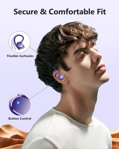 hadbleng Wireless Bluetooth Earbuds Sport 128H Playtime Bluetooth 5.3 Headphones with LED Display Powerful Bass Over Ear Earphones with Earhooks IP7 Waterproof - color: Dark purple