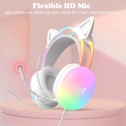 Cat Ear Gaming Headset with Microphone, RGB Rainbow Lighting, Surround Sound, 3.5mm Wired Over-Ear Headphones for PC/PS4/PS5/Switch/Laptop, Lightweight and Adjustable Headband - color: White Cat Ears