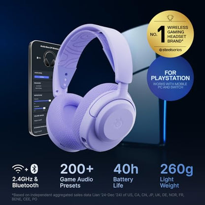 SteelSeries Arctis Nova 3P Wireless Multi-Platform Gaming Headset — Mobile App Control — 40 HR Battery — Neodymium Magnetic Drivers — 2.4GHz/Bluetooth — PS5, PS4, PC, Switch, Mobile — Lavender - color: Lavender, style: PlayStation|Switch|PC
