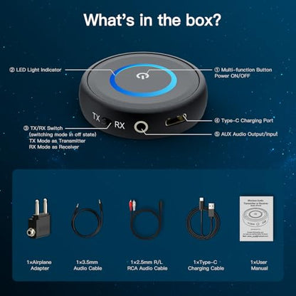 Bluetooth 5.3 Transmitter for TV/Airplane to Wireless Headphones | 2-in-1 Wireless Audio Receiver Adapter for Home Stereo/Speakers/Car System, 3.5mm AUX/RCA Jack, Dual Link, Low Latency, 16H