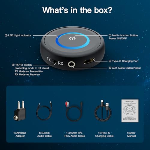 Bluetooth 5.3 Transmitter for TV/Airplane to Wireless Headphones | 2-in-1 Wireless Audio Receiver Adapter for Home Stereo/Speakers/Car System, 3.5mm AUX/RCA Jack, Dual Link, Low Latency, 16H