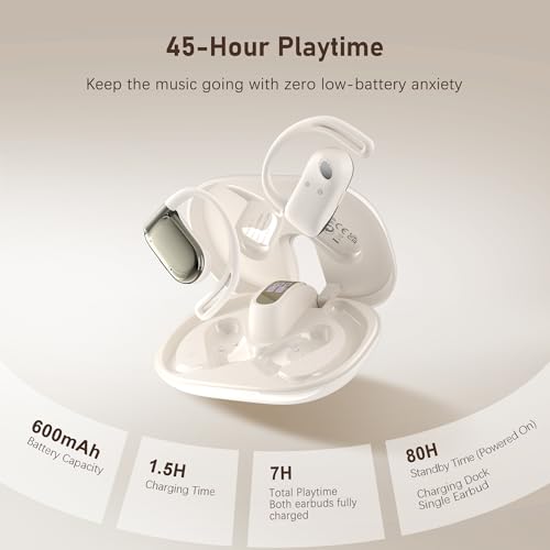 Wireless Earbuds, Open-Ear Sports Bluetooth Headphones, Acoustic Chamber Audio, ANC Call Noise Reduction, Smart Digital Display, Physical Buttons, IPX5 Water Resistant, for Cycling Workouts - color: White