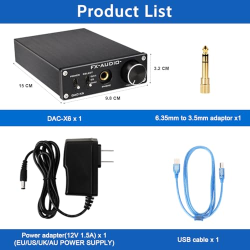 FX-Audio DAC-X6 Headphone amp Mini HiFi 2.0 Digital Audio Decoder DAC Input USB/Coaxial/Optical Output RCA/Headphone Amplifier 24Bit/96KHz DC12V (Black) - color: Black