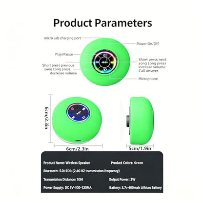 Mini Bluetooth Shower Speaker Green, Silicone Suction Cup Portable Speaker with LED Lights, IPX4 Waterproof, Built in Mic, for Bathroom Kitchen Outdoors, Ideal Gifts (Green) - color: Green