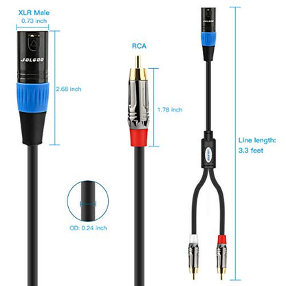 JOLGOO 언밸런스 듀얼 RCA to XLR 수 Y 스플리터 패치 마이크 케이블, XLR 수 1개 - 2 RCA 수 Y 어댑터 코드 케이블, 1m(3.3피트) - size: 3.3 Feet, style: 듀얼 RCA 수 - XLR 수