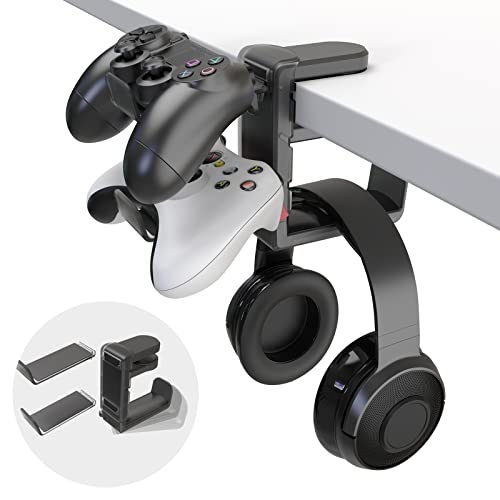 EURPMASK 3-in-1 Rotating Headphone Stand w/2 Detachable Controller Holders | Adjustable Clamp-on Headset Holder Hanger,360°Swivel,Gaming Headset Hanger,Cable Organizer,Keep Headphones Secure&Desk Tidy - color: Black Pro