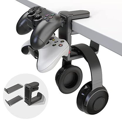 EURPMASK 3-in-1 Rotating Headphone Stand w/2 Detachable Controller Holders | Adjustable Clamp-on Headset Holder Hanger,360°Swivel,Gaming Headset Hanger,Cable Organizer,Keep Headphones Secure&Desk Tidy - color: Black Pro