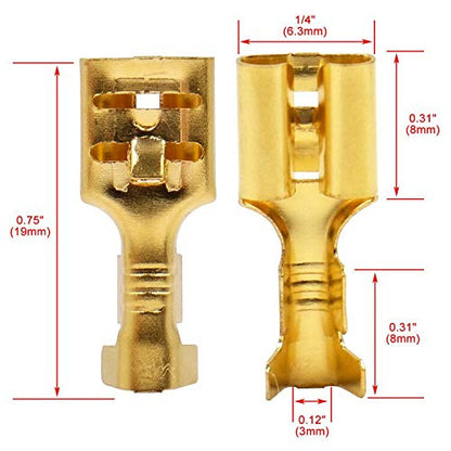 BAOMAIN 100-Pack 6.3mm 1/4" Female Spade Connector Non-Insulated Terminals | Copper 1/4" Non-Insulated Female Connectors with Locking Tab for 18-16 AWG Wire,Ideal for Automotive & DIY Projects