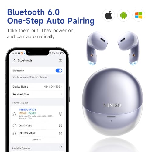 MINISO True Wireless Earbuds with Charging Case, Bluetooth 6.0 Ear Buds | In Ear Headset, HiFi Stereo, 50 H Playback Earphones with ENC Mic, Hands-Free Clear Calls for TV Smart Phone Laptop Sports - color: Blue