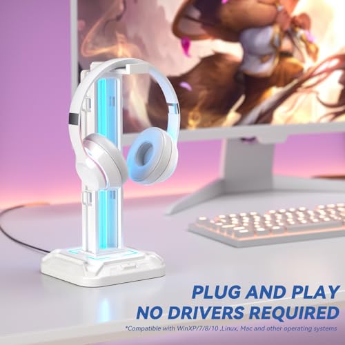 KDD RGB Headset Stand with 9 Light Modes - Controller Holder for Desk - Rotatable Headphone Stand & Detachable Controller Hook for PC Earphone Accessories(White) - color: White