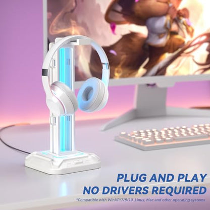 KDD RGB Headset Stand with 9 Light Modes - Controller Holder for Desk - Rotatable Headphone Stand & Detachable Controller Hook for PC Earphone Accessories(White) - color: White