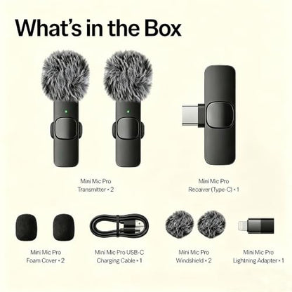 Wireless Lavalier Microphone for iPhone Android, 2Pcs Mini Mic, Plug & Play | Noise Cancelling, 64dB Adaptive, 0.35oz Featherweight, 65ft Range, 6H Battery, for Content Creators Vlogging, YouTube, TikTok