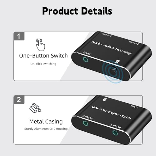 Audio Switch 3.5mm Bi-Direction Switch,Stereo Audio Switcher 2 in 1/1 in 2 Out,A udio Swit ch Headphone Manual Selector Splitter for Phone PC Laptop Headphone(Black)
