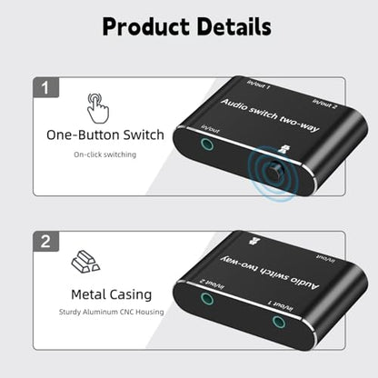 Audio Switch 3.5mm Bi-Direction Switch,Stereo Audio Switcher 2 in 1/1 in 2 Out,A udio Swit ch Headphone Manual Selector Splitter for Phone PC Laptop Headphone(Black)